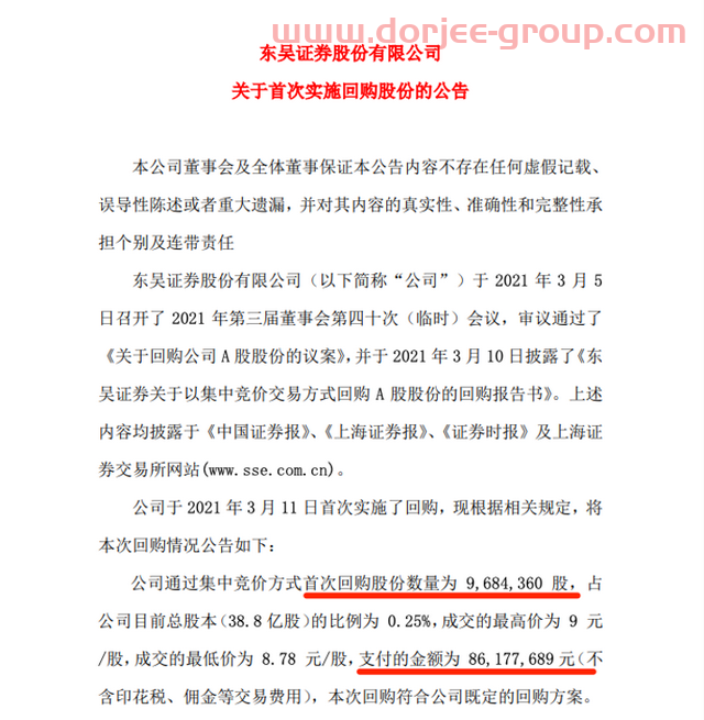 實(shí)施股權(quán)激勵(lì)，東吳證券“閃電”回購968萬股，已達(dá)下限一半，距離推出回購計(jì)劃僅隔4個(gè)交易日